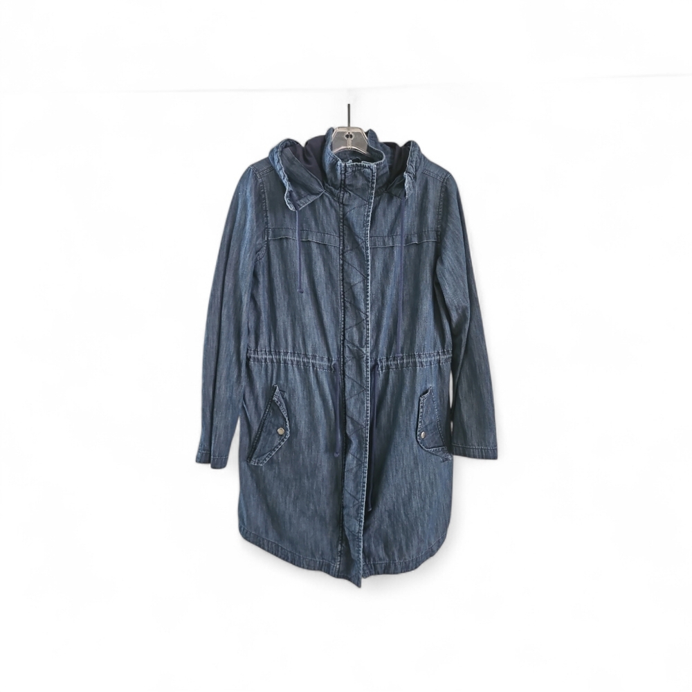 Denim Car Coat Size S Full Zip Drawstring Waist Dark Wash Jacket Hood Pockets